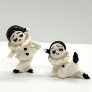 Vintage Set of 2 Small Harlequin Pierrot Porcelain Clown Mime Figurines